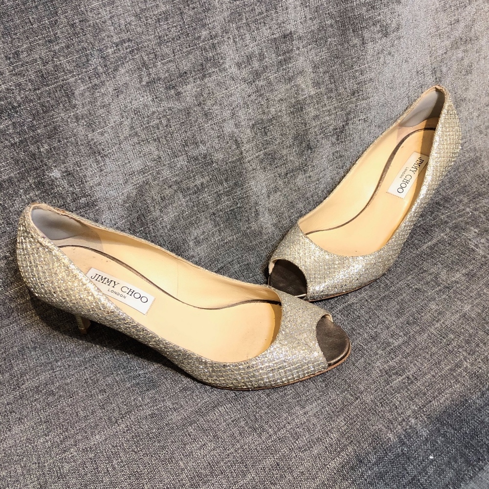 ⚡️ Jimmy Choo⚡️ Silver/Sparkly Peep Toe Heels